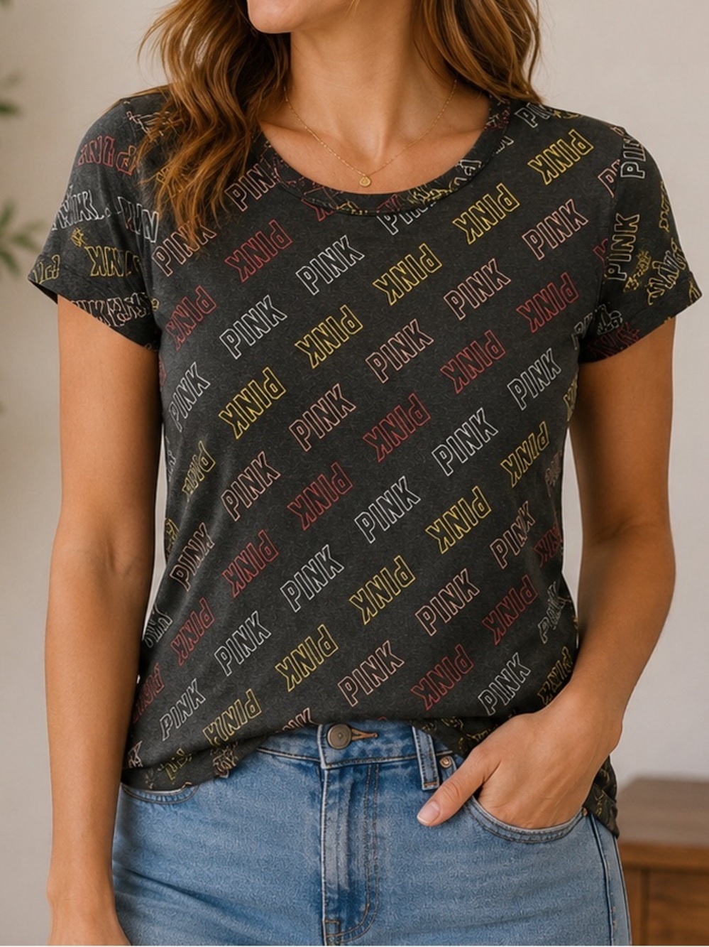 PINK Victoria's Secret Black Crewneck Tee with Multicolor Logo Repeat XS